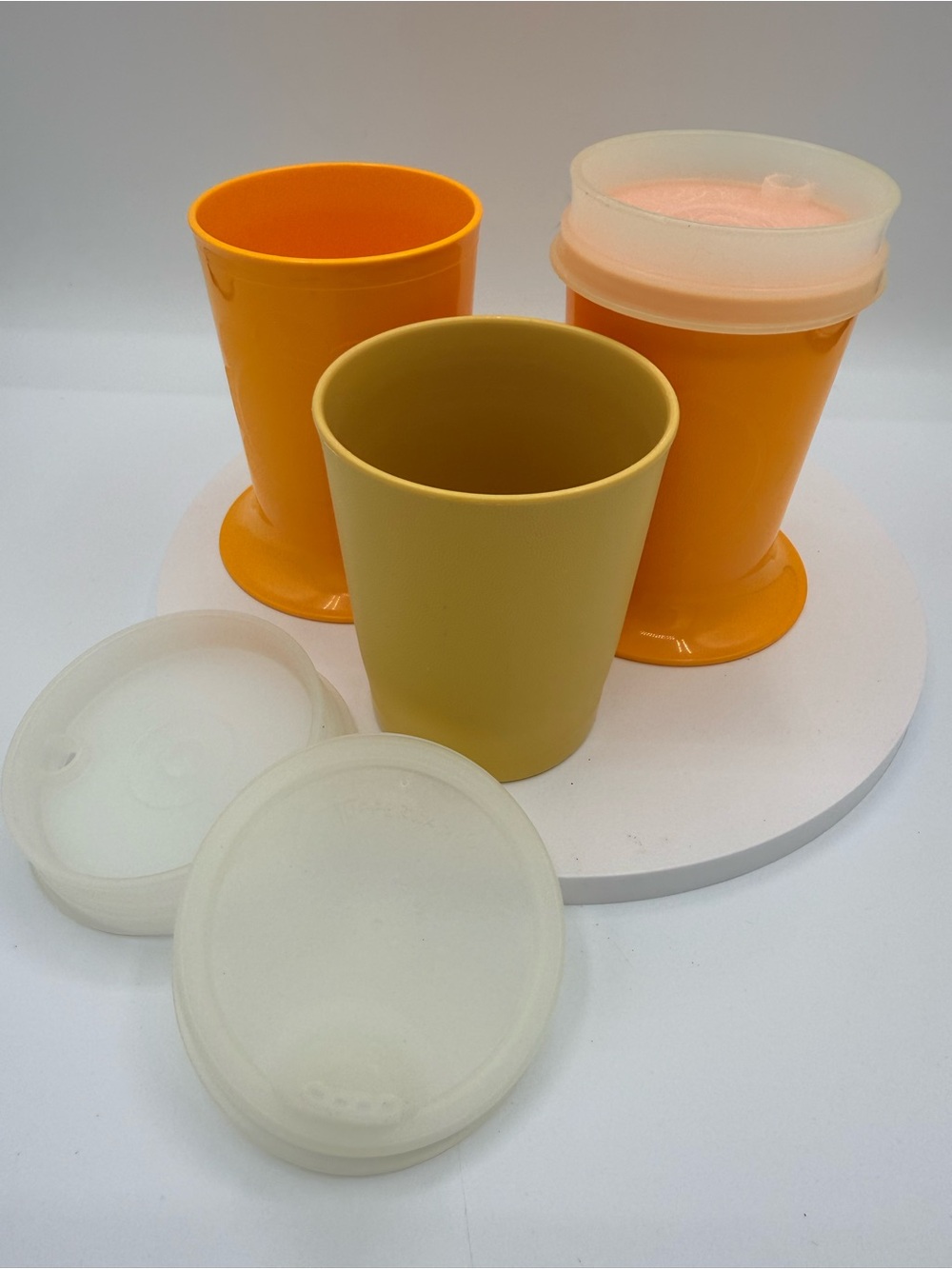 Retro 70s Tupperware Footed Sippy Cups Tumblers Lids Harvest Gold Orange Set